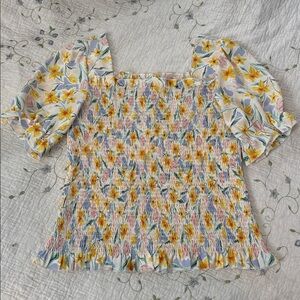 Pink Martini Zinnia Floral Smocked Puff Sleeve Peplum Blouse Top Size Medium